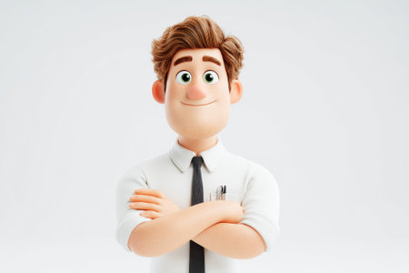 3D cartoon man with arms crossed, casual office character portrait, light gray background. Brown messy hair, dark gray tie, white collared shirt, pens in pocket. Confident 3D businessman in white shirt.の素材