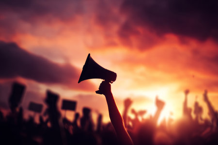 Megaphone silhouette held high by a hand above a protesting crowd with signs, dramatic sunset background. Megaphone silhouette in protest scene, political rally tool, vibrant sunset sky, speech announcement.の素材