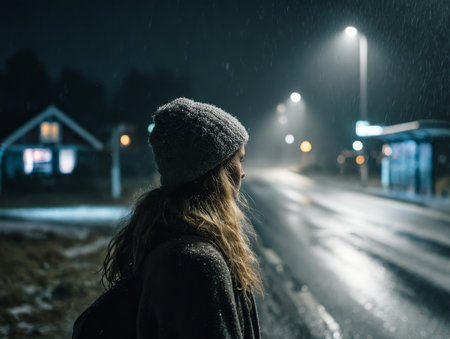 Woman in winter hat, cold night landscape, snowy dark road photo. Knitted gray cap, view from back, lonely roadside concept. Beautiful woman on snowy road.の素材