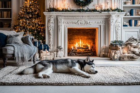 Christmas Interior classic living room decor with a lit fireplace, glowing ornaments, and a Siberian husky dog lying on a rug. Elegant Christmas Interior scene, festive mood, light home atmosphere, holiday season.の素材