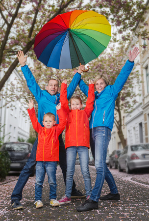 family have fun in rainy dayの写真素材