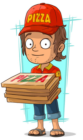A vector illustration of cartoon delivery man with few pizza boxのイラスト素材
