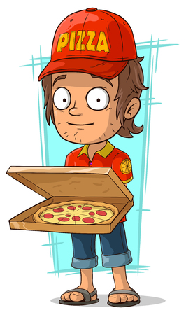 A vector illustration of cartoon delivery man with open pizza boxのイラスト素材