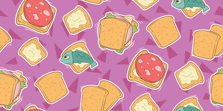 A vector illustration of cartoon seamless pattern with cute sandwichesのイラスト素材