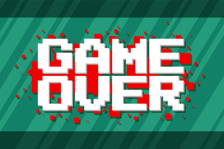 A vector illustration of Pixel computer game over screen on red backgroundのイラスト素材