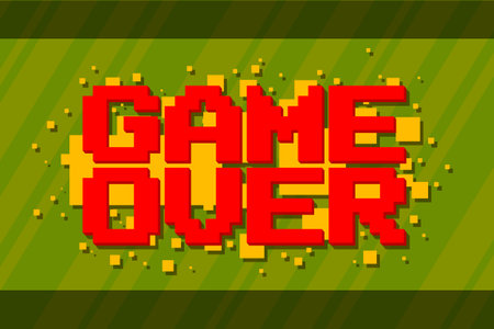 A vector illustration of Pixel computer game over screen on green backgroundのイラスト素材