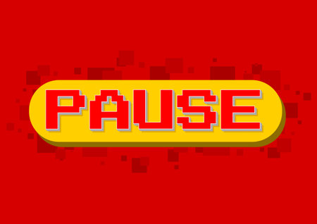 A vector illustration of pixel computer game pause screen on red background