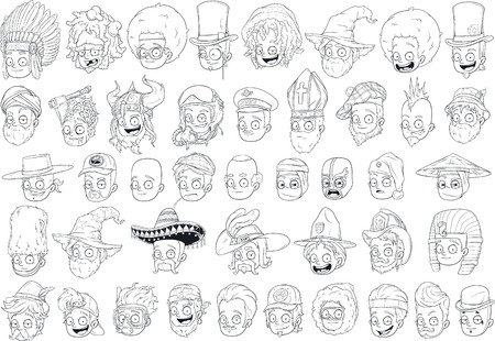 Cool different cartoon black and white characters heads for coloring big vector setのイラスト素材