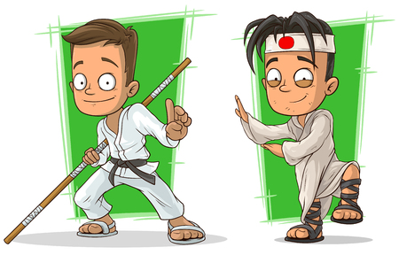 Cartoon kung fu boys in white kimono character vector setのイラスト素材