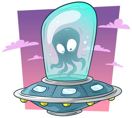Cartoon cute alien monster in ufo spaceship vectorのイラスト素材