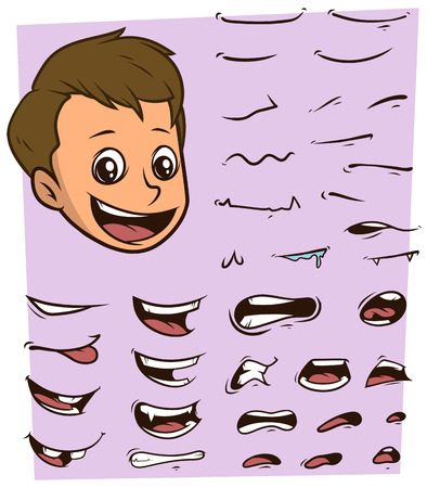 Cartoon boy character with many facial expressions. Different mouth emotions constructor. Vector icon set.のイラスト素材
