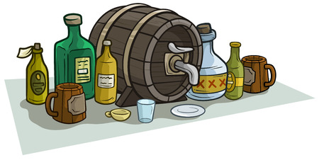 Cartoon colorful wooden barrel, mugs and glass bottles for alcohol. Isolated on white background. Vector icon.のイラスト素材
