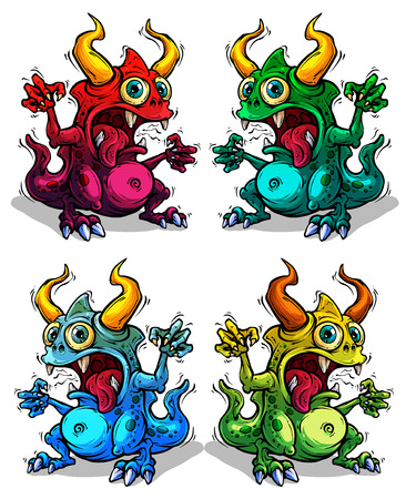 Cartoon funny crazy green stinky monster with horns and canines. On violet background. Halloween vector icon set.のイラスト素材