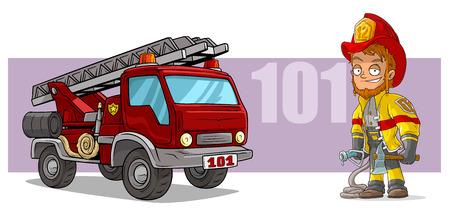 Cartoon firefighter character and red fire truckのイラスト素材