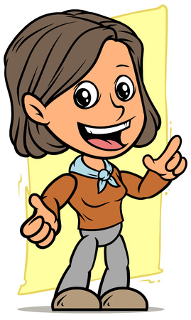 Cartoon white cute standing smiling flat girl character with blue fillet on yellow background. Vector icon.のイラスト素材