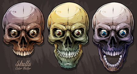 Detailed graphic realistic cool colorful human skulls with crazy eyes. On gray grunge background. Vector icon set.のイラスト素材