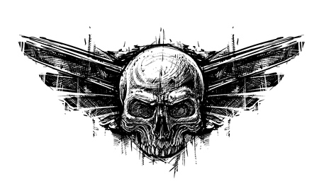 Detailed graphic hand drawn realistic black and white human skull with wings. Trash polka style. On white background. Vector icon.のイラスト素材