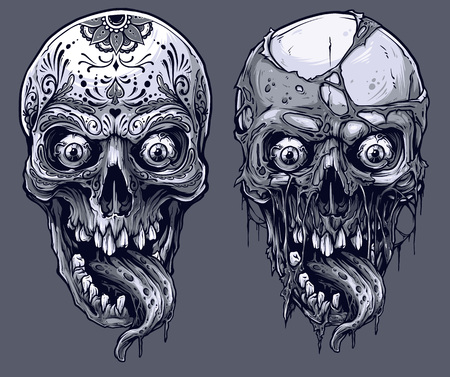 Detailed graphic realistic cool black and white human skulls with horrible long tongue and mexican tattoo floral ornament. On gray background. Vector icon set.のイラスト素材