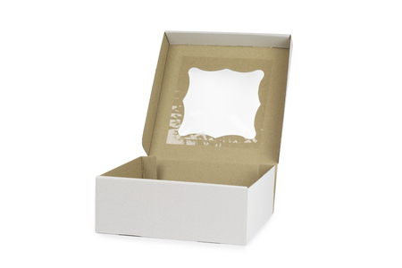 Cardboard box for cake with an open lid, on white background shadow below.の写真素材