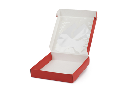 Open empty gift box isolated on white background shadow below.の写真素材