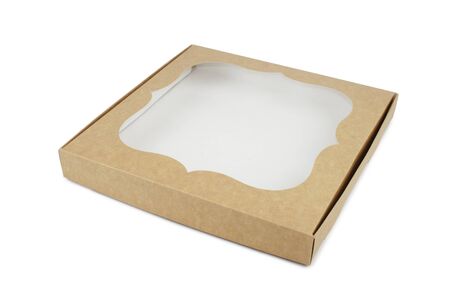 Kraft cardboard box for desserts with a window. Isolation on a white background, shadow below.の写真素材