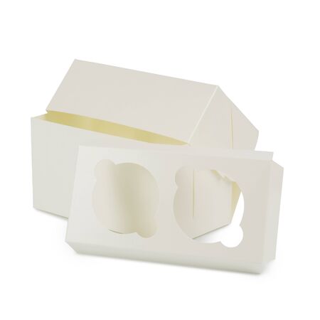 Cardboard box for two cupcakes on a white backgroundの写真素材
