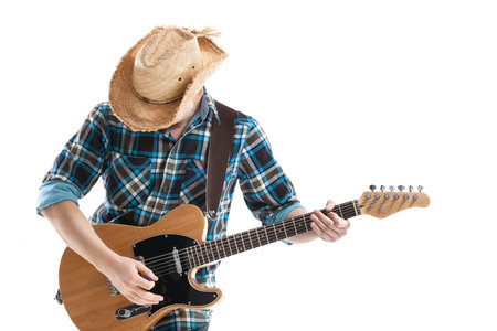 blues or country guitarist isolated on white