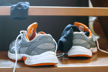 jogging shoes after a trainingの写真素材
