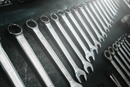 wrenches in a row. garage.