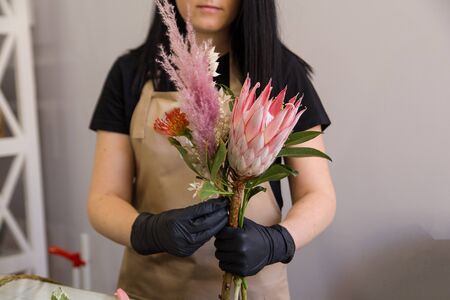 florist girl in sand apron at work creates a bouquet of proteasの写真素材
