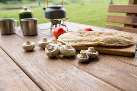 fresh mushrooms and fragrant pita on the table