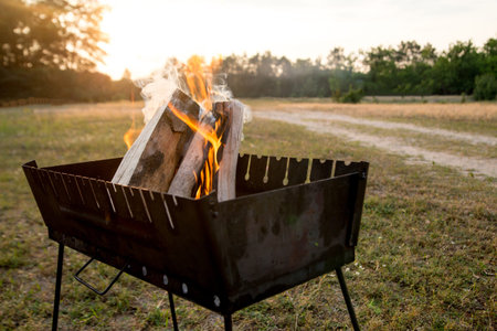 burning fire in the campsite on a sunset background