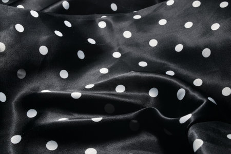 black cloth with white polka dots with beautiful foldsの写真素材