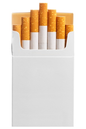Pack of cigarettes with cigarettes sticking out isolated on white.の写真素材