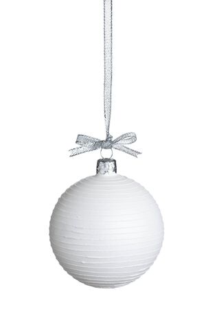 White Christmas ball with silver string isolated on pure white background.の写真素材
