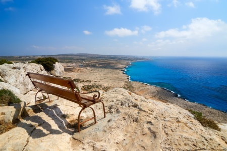 Bench with a view over Mediterranean Sea. Cape Greco, Northern Cyprusの写真素材