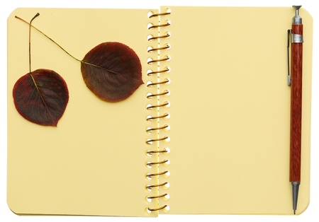 Open spiral notebook with two autumnal leaves and pen isolated on white backgroundの写真素材