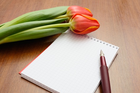 Blank notebook with pen and tulips on wooden tableの写真素材