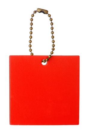 A blank red square label with chainlet isolated on white backgroundの写真素材