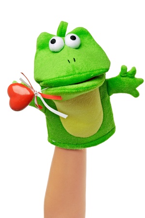 Hand puppet of frog with red heart isolated on whiteの写真素材