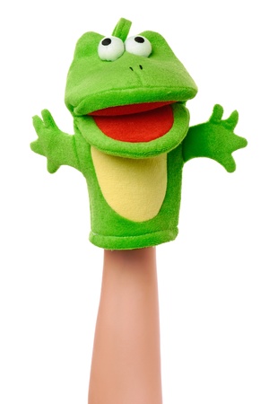Hand puppet of frog isolated on white, happy emotion Hand puppet of frog isolated on white, happy emotion