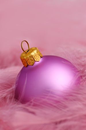 Bright purple christmas bulb with purple feathersの写真素材