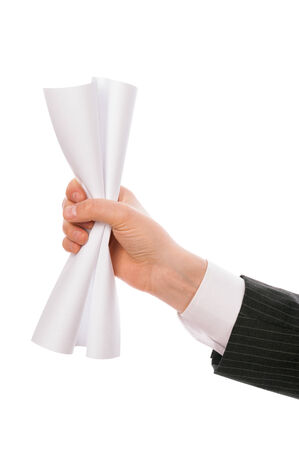 Man holding creased paper in his handの写真素材