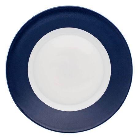 Empty dinner plate with blue border from above isolated on white.の写真素材