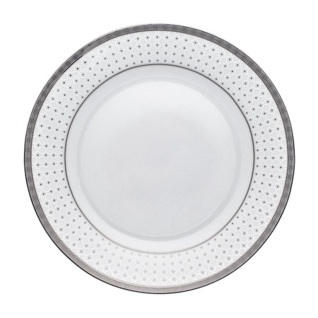 Empty dinner plate with silver rim from above isolated on white.の写真素材
