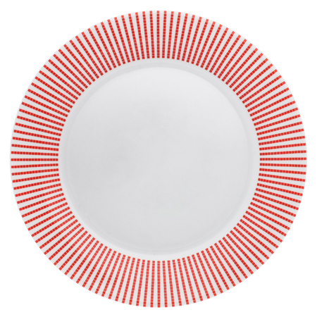 Empty dinner plate with red border from above isolated on white.の写真素材