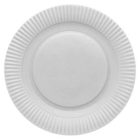 Empty dinner plate with textured border from above isolated on white.の写真素材