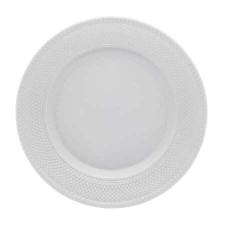 Empty white dinner plate with textured border from above isolated on white.の写真素材