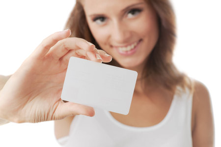 Woman hand holding white empty blank business cardの写真素材