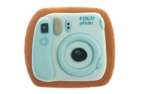 Photocamera gingerbread cookie isolated on white.の写真素材